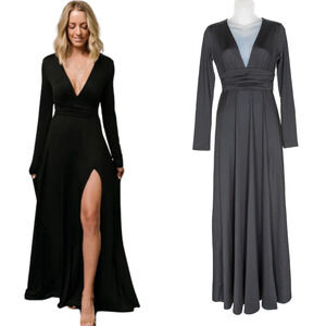 BALTIC BORN Black Arianna Maxi Dress Long Sleeve V-Neck Leg Slit Women's Small